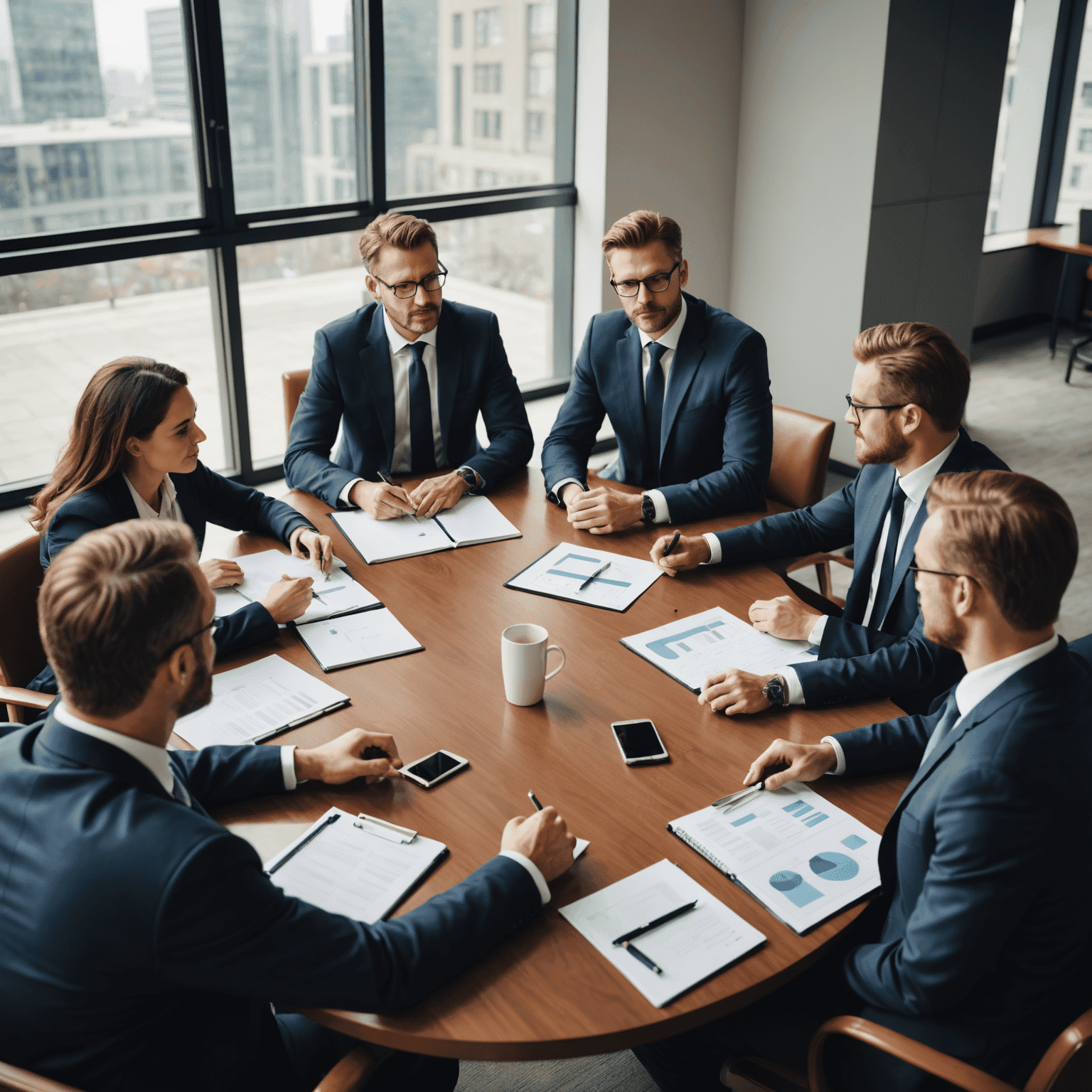 A team of professional consultants discussing business strategy around a conference table