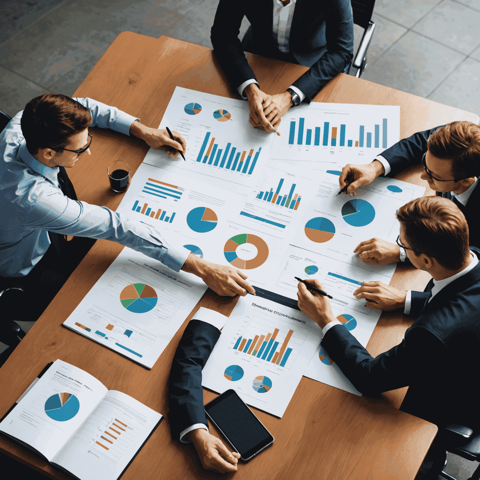 A team of financial consultants discussing a business plan with charts and graphs on a conference table