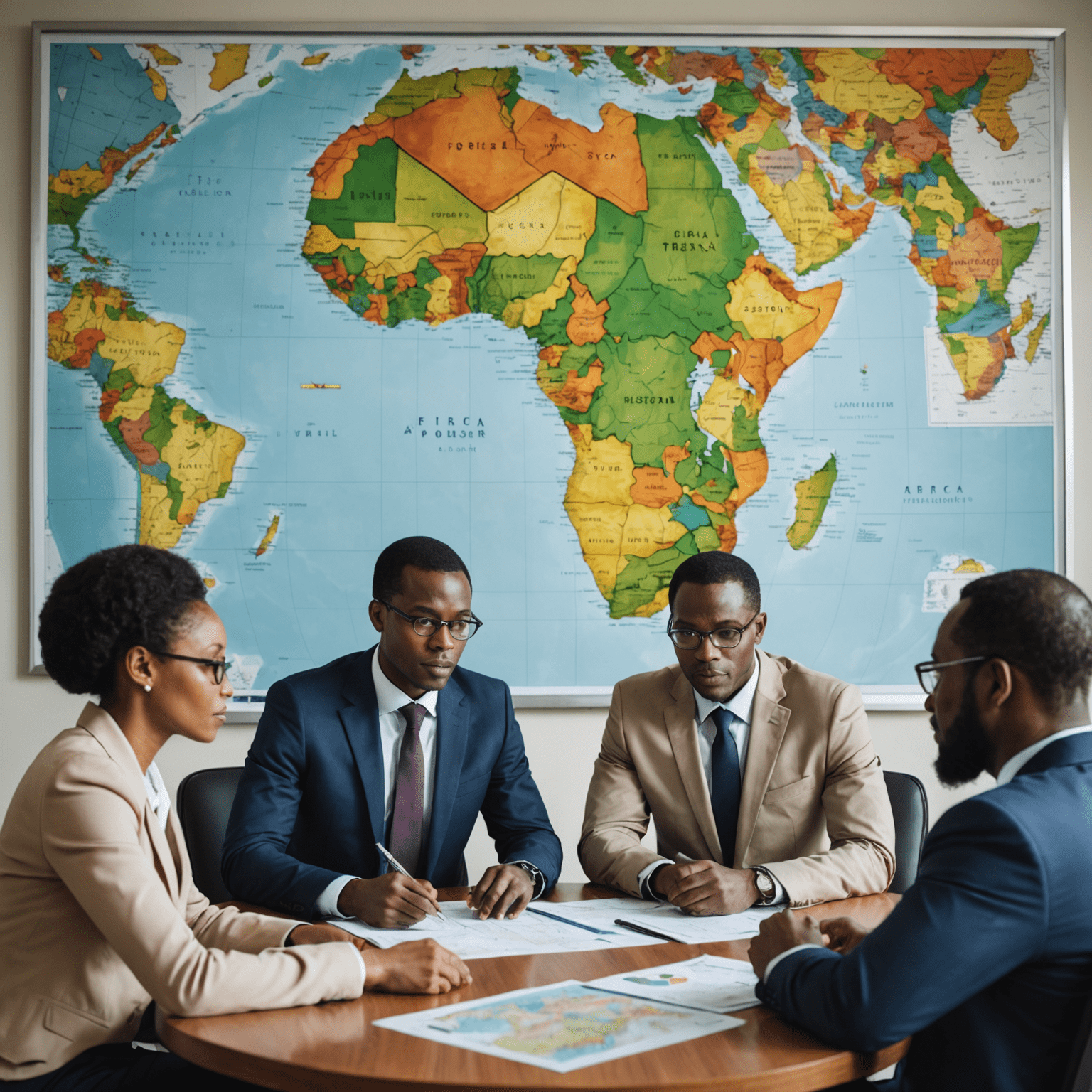 A group of African business professionals in a meeting room discussing strategies and looking at financial reports, with a large map of Africa on the wall behind them