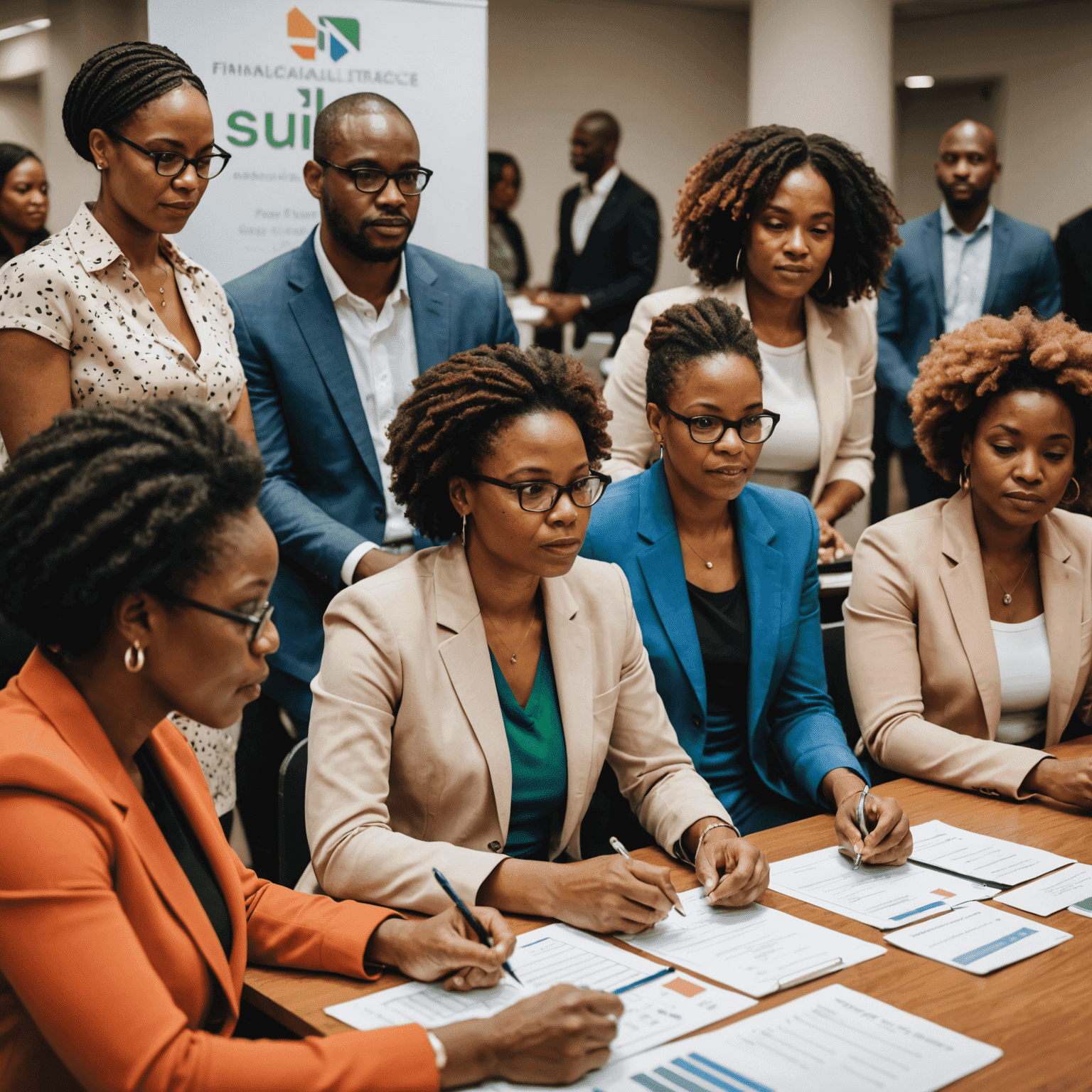 A diverse group of South African entrepreneurs attending a financial literacy workshop, learning about budgeting, investing, and financial planning