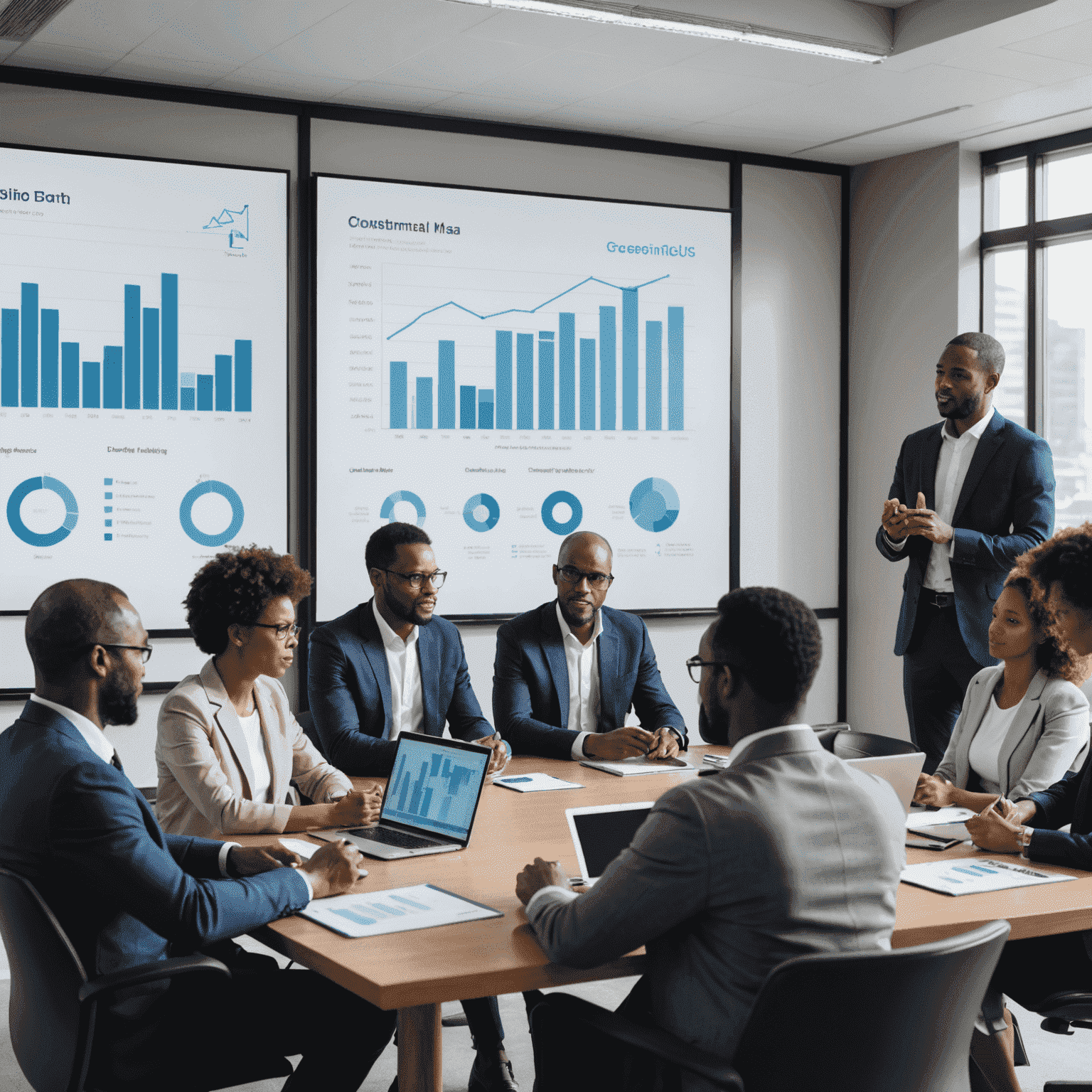 Group of management consultants discussing trends and predictions for the consulting industry in South Africa, with charts and graphs on a large screen in the background