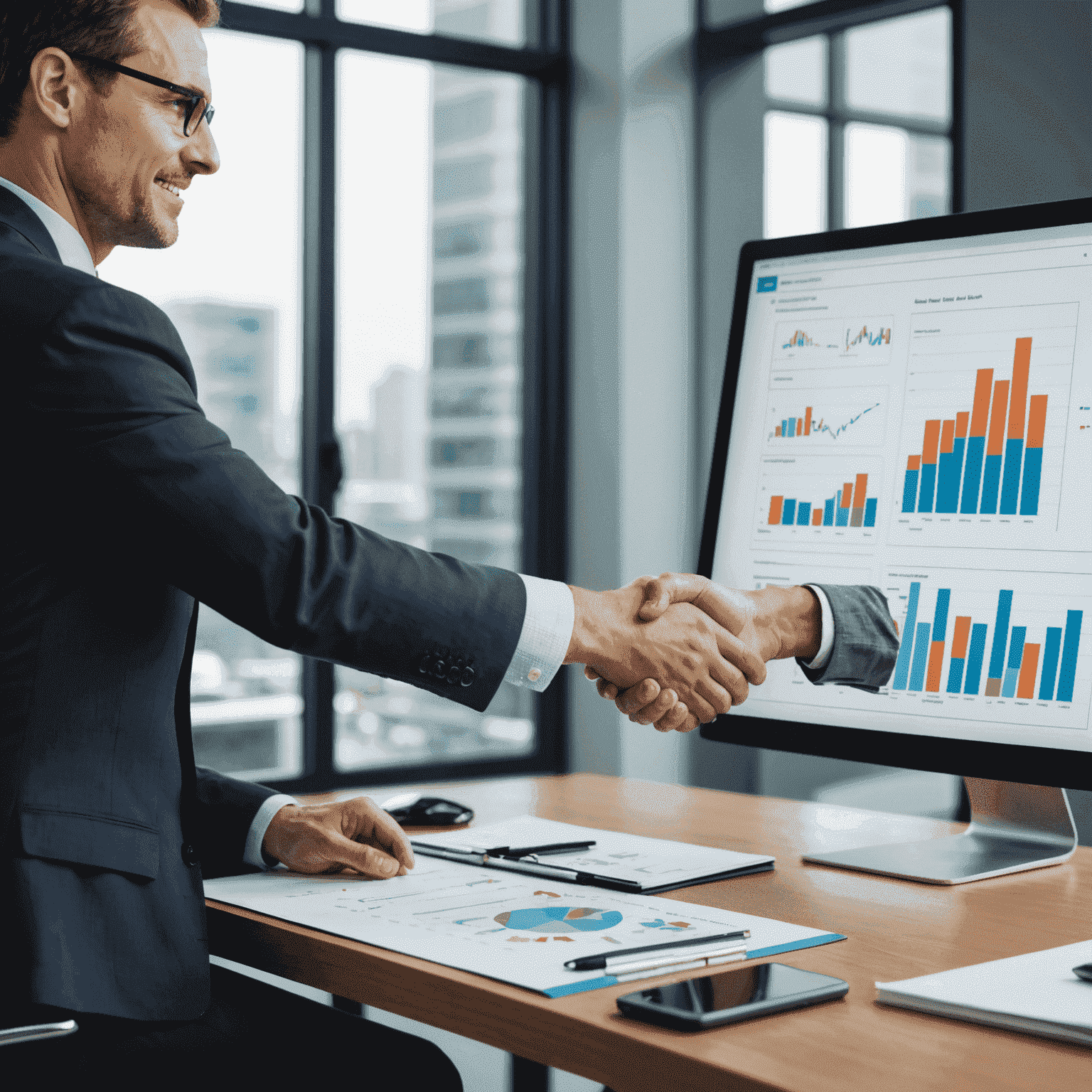 A financial consultant shaking hands with a client in an office setting, with charts and graphs on a computer screen in the background