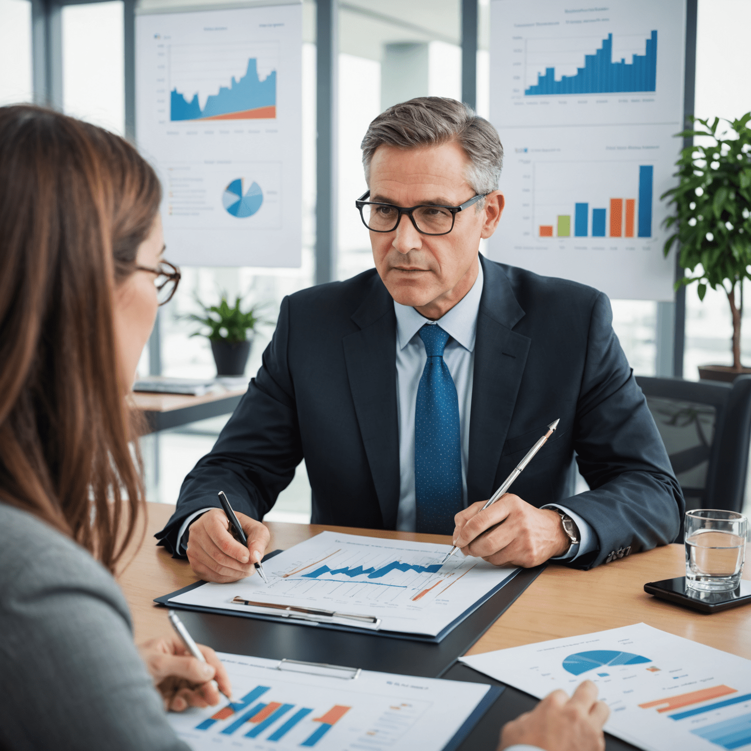 A financial advisor discussing investment options with a client, with charts and graphs in the background