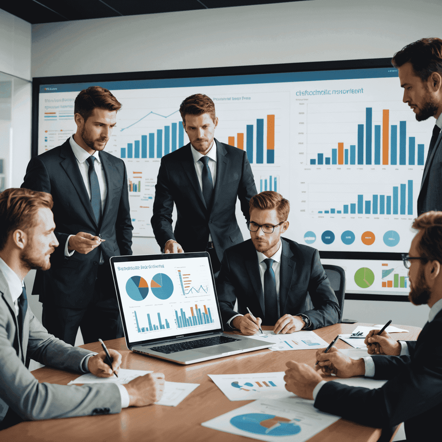 A group of business professionals discussing financial planning strategies around a conference table, with charts and graphs displayed on a screen in the background.