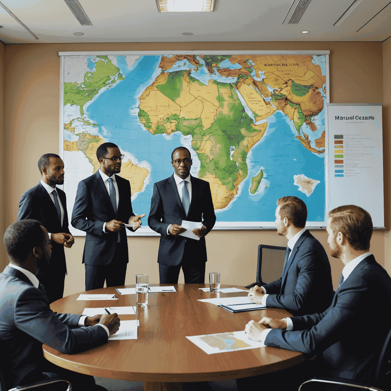 A management consultant presenting to a group of executives in a boardroom, with a map of Africa displayed on the wall behind them.