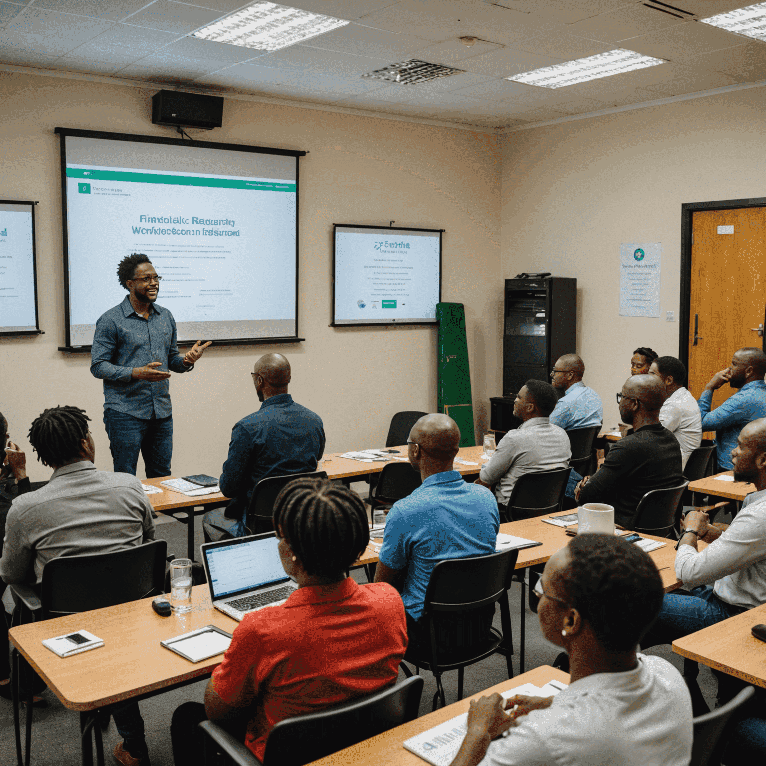 A group of South African entrepreneurs attending a financial literacy workshop, with a speaker presenting tips and resources on a projector screen.